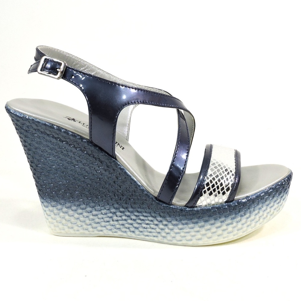 LUIGI TRAINI🇮🇹BLUE LEATHER PLATFORM SANDALS - Picture 4 of 7